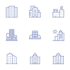 Building icons set. Thin Line style, editable stroke. sun, mall, building, headquarter, headquarters, buildings