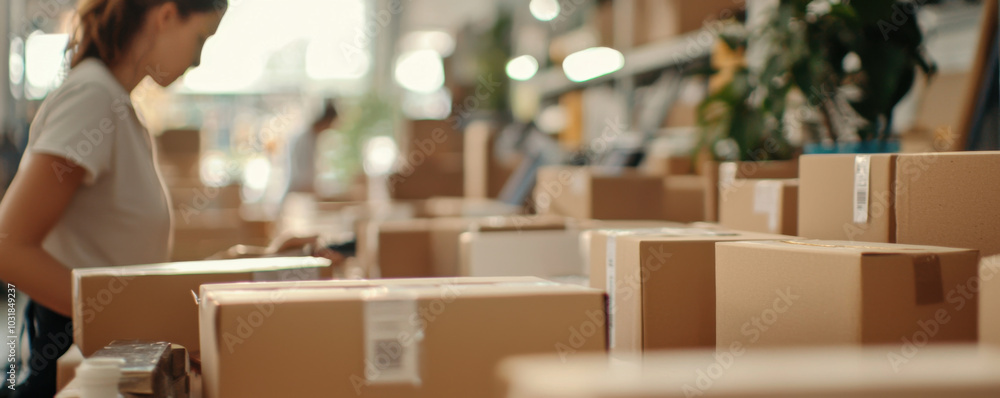 Poster efficient workers at packaging station prepare and assemble boxes for shipment, showcasing busy ware