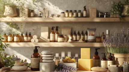 Many types of soaps and bottles are on the shelves