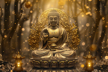 Beautiful greeting card with ancient statue great Buddha to bright holiday composition