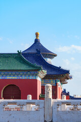 Naklejka premium Overlooking the main gate of Hall of Prayer for Good Harvest in the Temple of Heaven, a major landmark and travel destination in Beijing, China