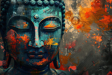 Beautiful greeting card with ancient statue great Buddha to bright holiday composition