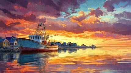 Naklejka premium A detailed fishing boat anchored in calm waters near a small coastal village at sunrise, with vibrant colors in the sky.