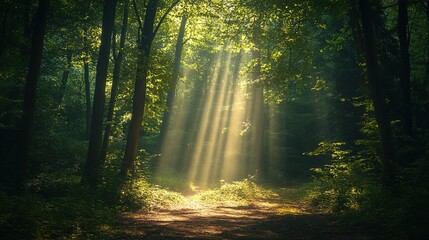 Enchanted Forest with Sunlight Beams Through Trees
