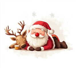 Cute cartoon Santa Claus sleeping with reindeer clip art, white background, vector illustration style, simple lines, flat color, cartoon character design. 
