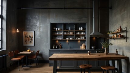 A modern kitchen with dark wood cabinets, exposed brick walls, and a large window. The room is lit by natural light and has a rustic feel.