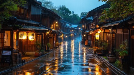 A detailed Japanese street in the rain, with traditional wooden houses, glowing lanterns, and reflective wet surfaces.