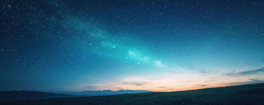 breathtaking view of starry night sky over wide grassland, with twinkling stars and soft gradient of colors as sun sets on horizon