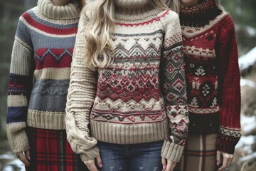 Three women wearing cozy knitted sweaters by a serene lakeside during autumn, surrounded by nature's colorful foliage