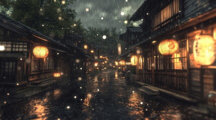 A detailed Japanese street in the rain, with traditional wooden houses, glowing lanterns, and reflective wet surfaces.