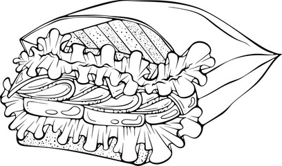 Sandwich to go in paper bag. Fast food take away. Close up vector illustration in hand drawn sketch doodle style. Line art isolated on white for coloring book, print