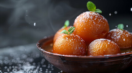 A close-up of gulab jamun with a dusting of cardamom