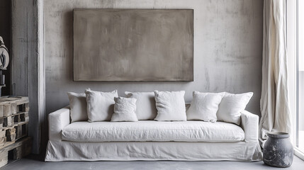 Modern minimalist loft with concrete walls, a simple linen sofa, and a large piece of monochrome industrial art