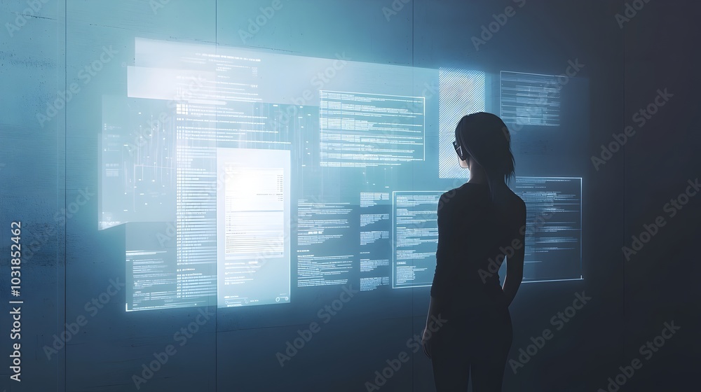 Poster futuristic holographic interface displaying digital information and productivity tools