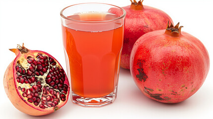 Close-up of fresh pomegranates and juice in a glass, highlighting vibrant red seeds and the rich color of the beverage