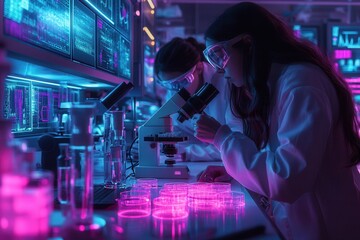 Scientists conducting research with microscopes and glowing samples in a modern laboratory setting, highlighting advanced technology.
