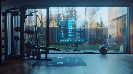 Futuristic Holographic Fitness Trainer Interface Guiding Home Workout with Real Time Feedback