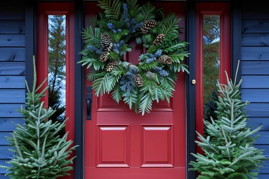 Beautiful red door adorned with a festive wreath and evergreen trees during the winter season
