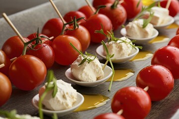 Appetizers with ricotta cheese and cherry tomatoes on serving tray