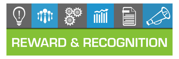 Reward And Recognition Blue Green Box Business Symbols On Top Squares 
