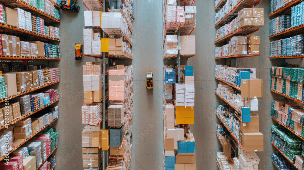 Poster aerial view of large distribution center showcasing rows of shelves filled with various packaged goo