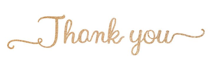 PNG thank you, gold glittery calligraphy, digital sticker with white outline in transparent background
