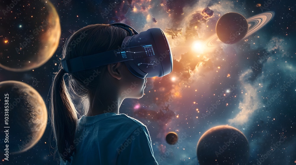 Poster futuristic virtual reality classroom set in outer space with students exploring the solar system
