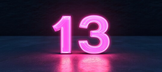 Number thirteen ,13, Neon sign with dark concrete background. Glowing Purple Number, 3d Render