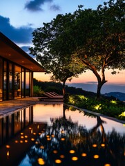 Obraz premium A stunning modern villa features a serene pool reflecting sunset colors, surrounded by lush greenery and inviting outdoor spaces.