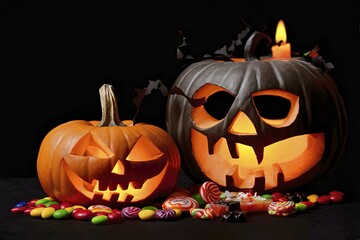 Halloween pumpkin with candies and candlelight on a black background