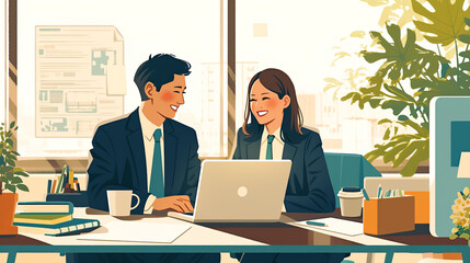 Cheerful business professionals collaborating on a laptop in a modern office