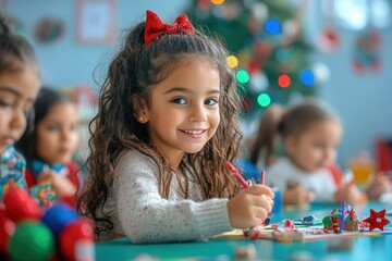Smiling child crafting holiday decorations at a classroom table, surrounded by friends with festive Christmas background.