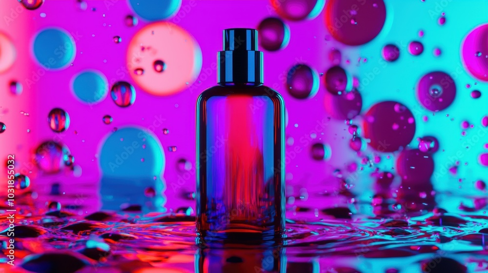 Poster a vibrant, illuminated glass bottle surrounded by colorful bubbles, set against a bright, abstract b