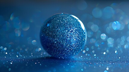 A round glitter object in vibrant blue, with tiny reflective particles that catch the light and create a glowing effect against a simple backdrop. 8k UHD, suitable for high-quality printing 