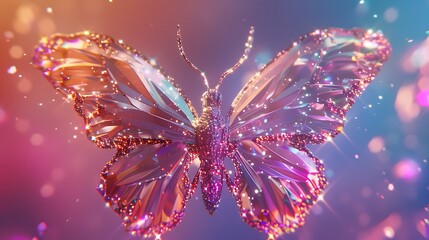 A sparkling butterfly-shaped glitter object set against a pastel-colored background, with light reflecting off the wings to create a dazzling effect. 8k UHD, suitable for high-quality printing 