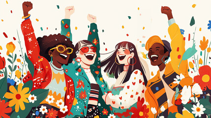 Joyful multicultural friends celebrating with bright floral backdrop outdoors