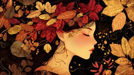 A girl with autumn leaves in her hair, surrounded by golden and red foliage, in the style of Chinese painting
