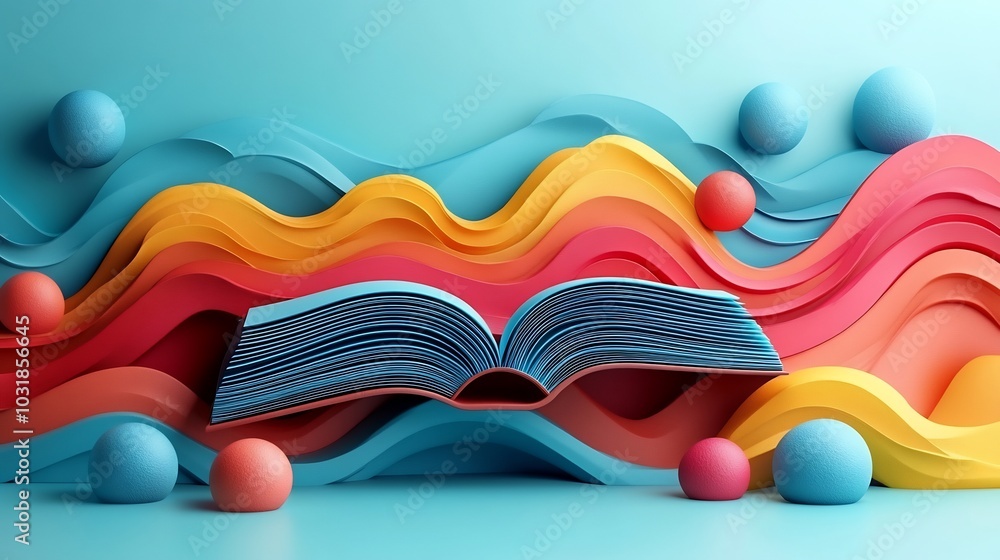 Poster bold gradient abstract 3d illustration celebrating world book day showcasing an imaginative book wit