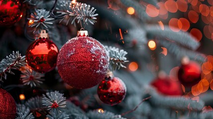  Red toys hang on a Christmas tree, Christmas Background, Christmas Decoration, New Year's eve 