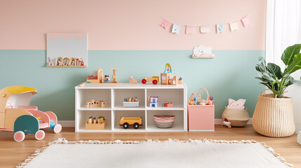 Neutral-toned minimalist children's playroom with a single open shelf, pastel accents, and Montessori-inspired wooden toys