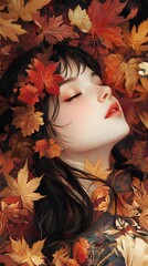 A girl with autumn leaves in her hair, surrounded by golden and red foliage, in the style of Chinese painting
