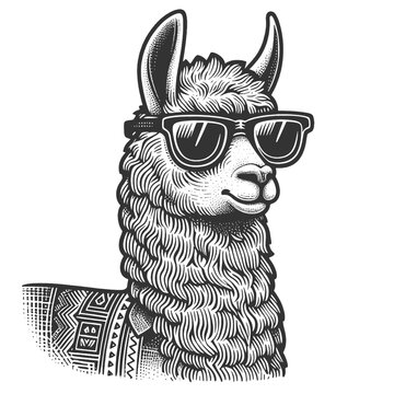 recommend clip art: llama wearing sunglasses and patterned poncho, embodying a laid-back, stylish vibe with quirky charm sketch engraving generative ai vector illustration. Scratch board imitation. Black and white image.