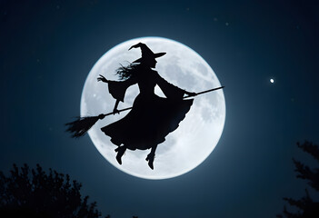 Naklejka premium A witch flying across a bright full moon, silhouetted against a dark Halloween sky