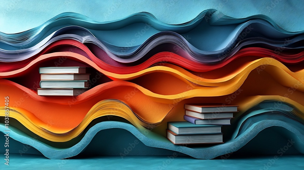 Poster bold gradient abstract 3d world book day design with paper cut style featuring books stacked in laye