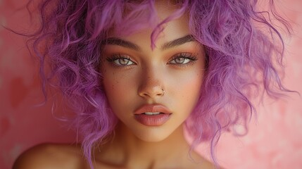 Fototapeta premium Quirky young woman with curly purple hair poses in studio
