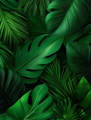 A vibrant and immersive 3D background featuring a dense arrangement of lush tropical jungle leaves. The intricate details of each leaf create a sense of depth and texture, transporting viewers to a se