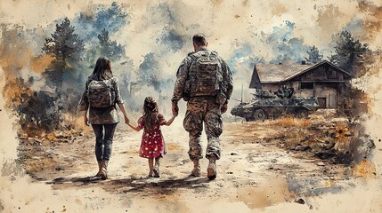 American soldier reunited with family walking towards home