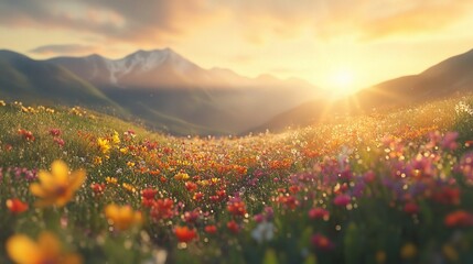 Vibrant Spring Meadow at Sunrise with Mountain View