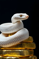 Fototapeta premium 白い蛇と金塊のピラミッド。富と成功のシンボリックなイメージ