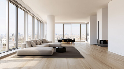 Open minimalist living room with floor-to-ceiling windows, concrete flooring, and a single cozy armchair facing the view